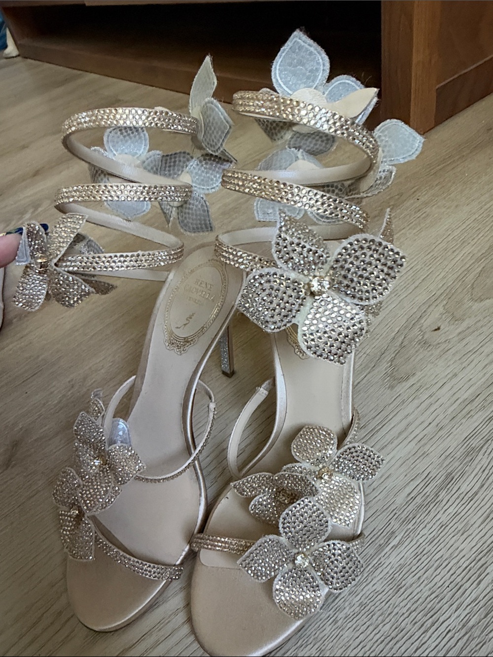 Rene Caovilla Champagne Crystal Floral Ankle-Strap Heels
